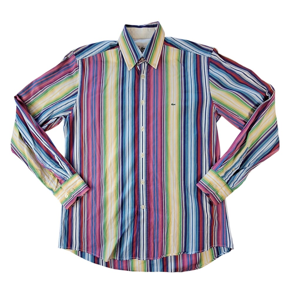 Vintage Lacoste Shirt Mens Medium Striped Color Block Retro Casual Button Neon